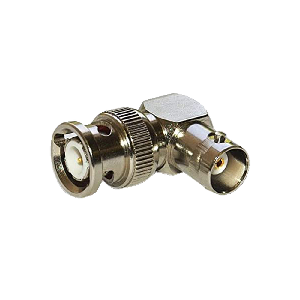 Adaptador en Ángulo Recto, de Conector BNC Macho a BNC Hembra, 50 Ohm (Monitor), Níquel/ Plata/ Teflón.