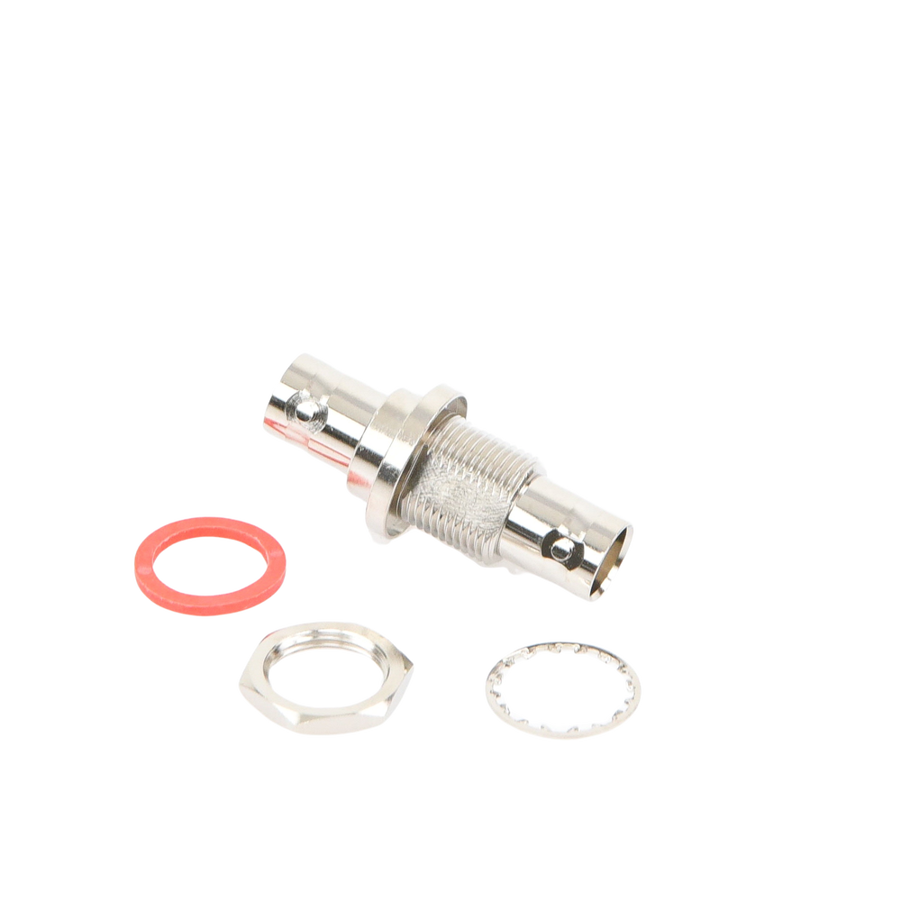 Dual BNC Female Chassis Adapter, Sealed and D-Plane Mount, Nickel/Gold/Delrin.