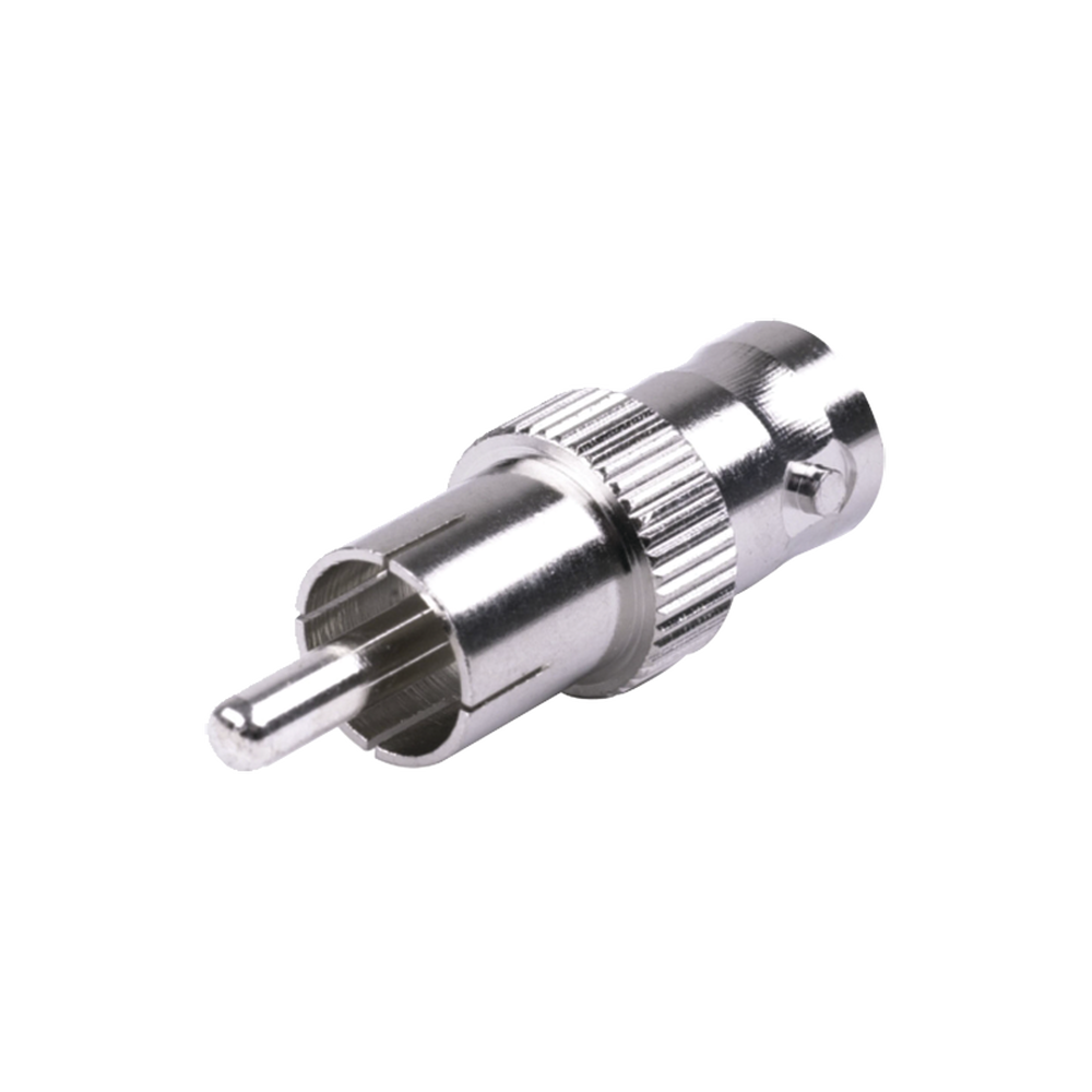 Adaptador de BNC Hembra a RCA Macho en 50 Ohm para Fono, uso en Aplicaciones de Audio-Video, Níquel/ Plata/ Delrin.