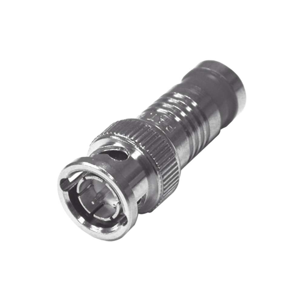 Conector BNC Macho de 75 Ohm, Montaje de Compresión Axial para RG-59/U, Níquel/ Oro/ Teflón.