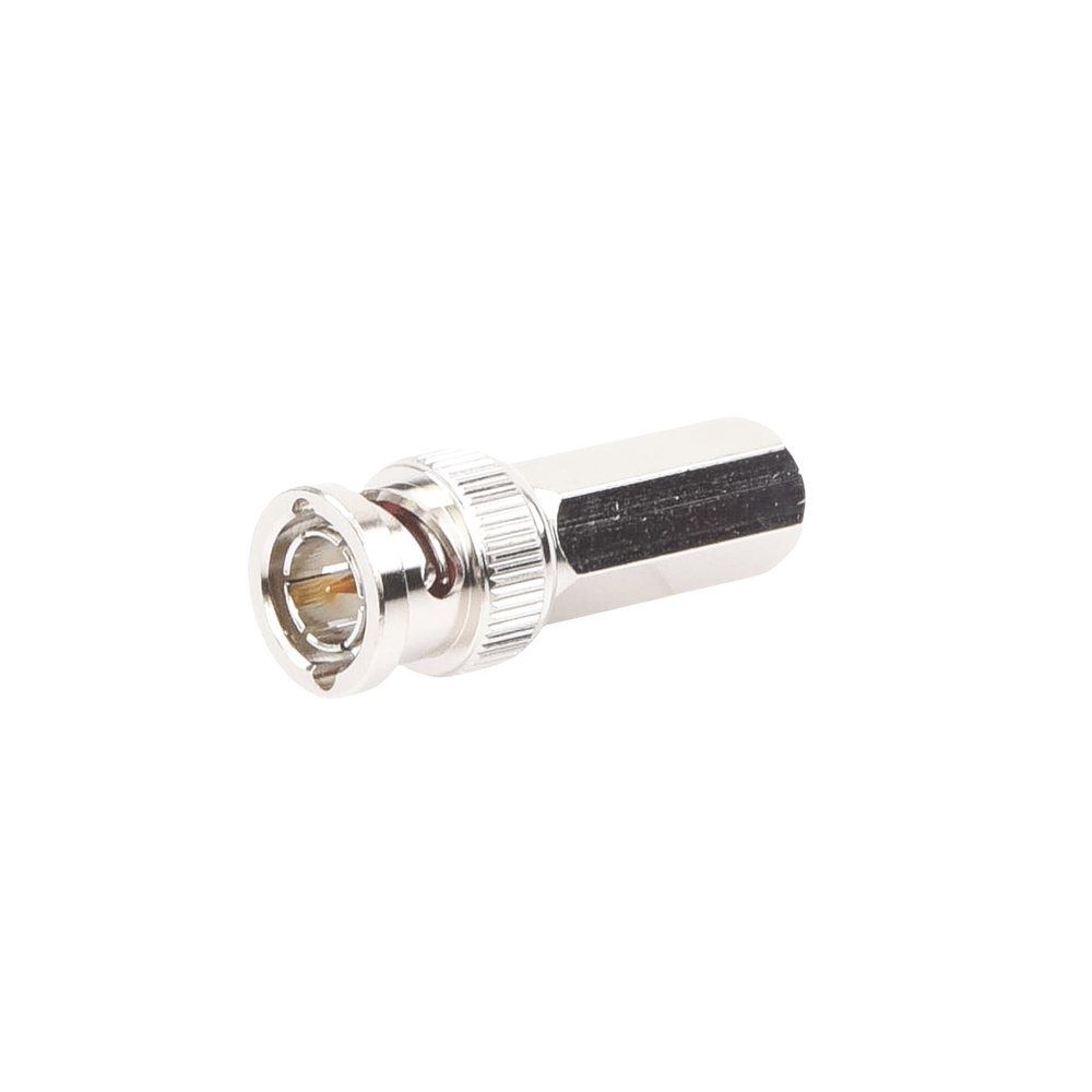 Conector BNC Macho de Ensamble Roscable (Hex.) en Sentido de las Manecillas de Reloj para Cable Coaxial RG-59/U, Níquel/ Oro/ Delrin.