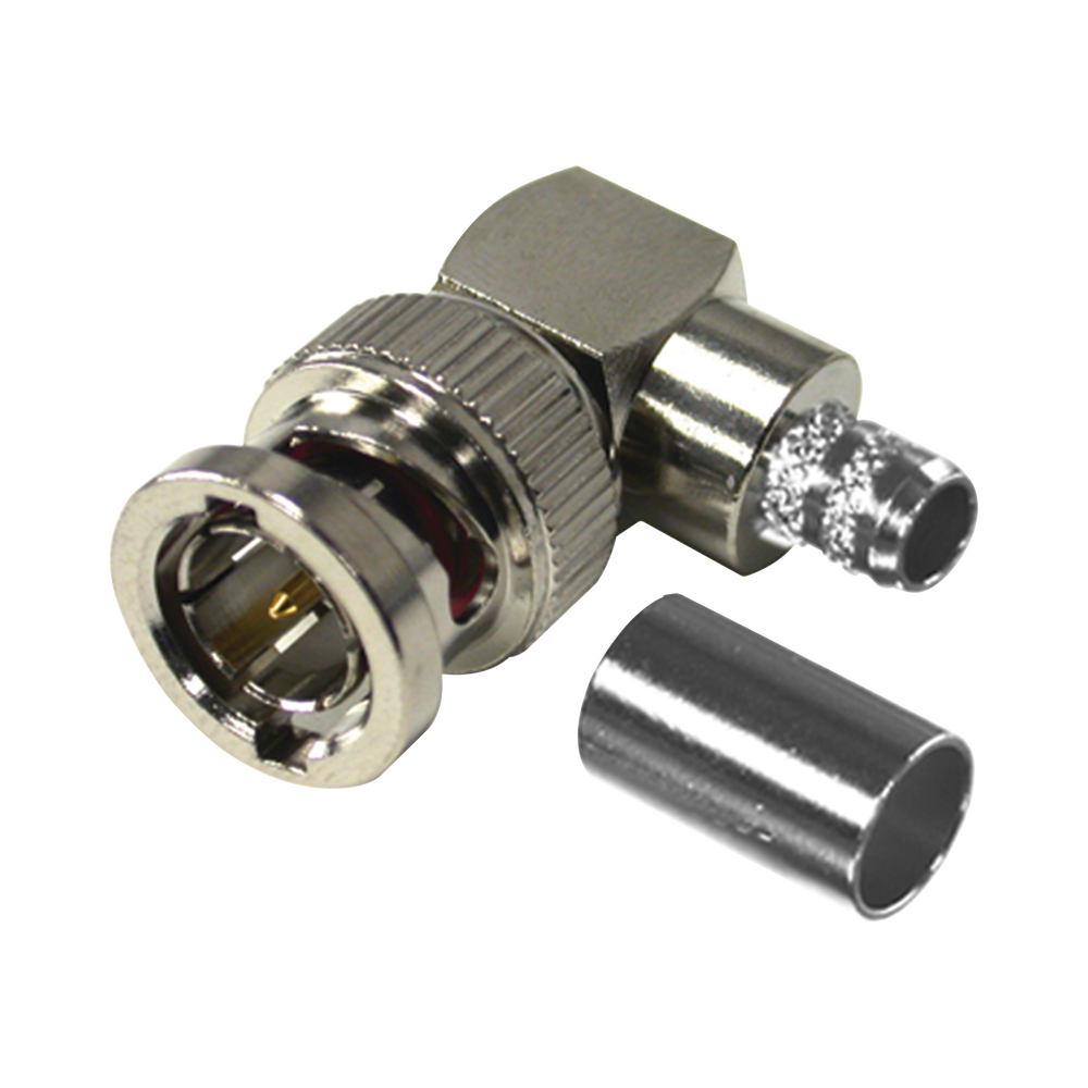 Conector BNC Macho en Ángulo Recto para 75 Ohm, Anillo Plegable en Cable Coaxial RG-6/U, Grupo Q, Níquel/ Oro/ Teflón.