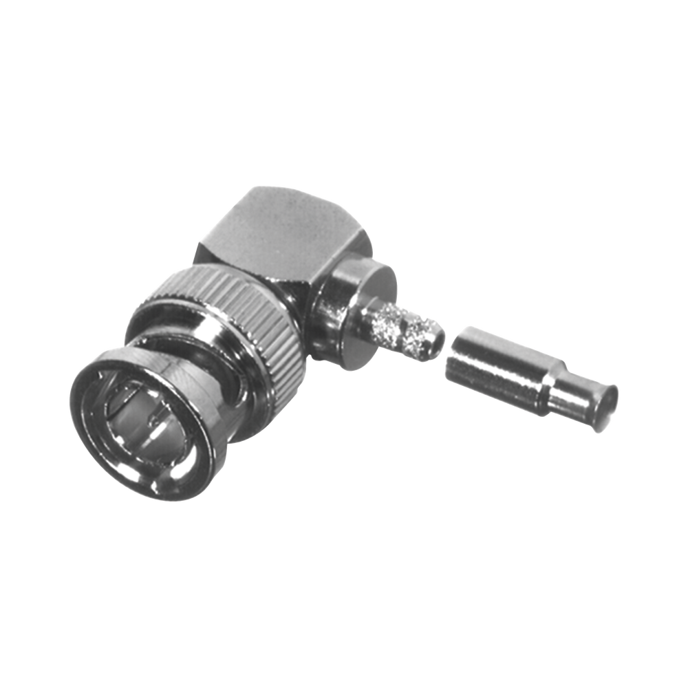 Conector BNC Macho en Ángulo Recto para 75 Ohm, Anillo Plegable para Cable RG-179/U, Grupo S1, Níquel/ Oro/ Teflón.