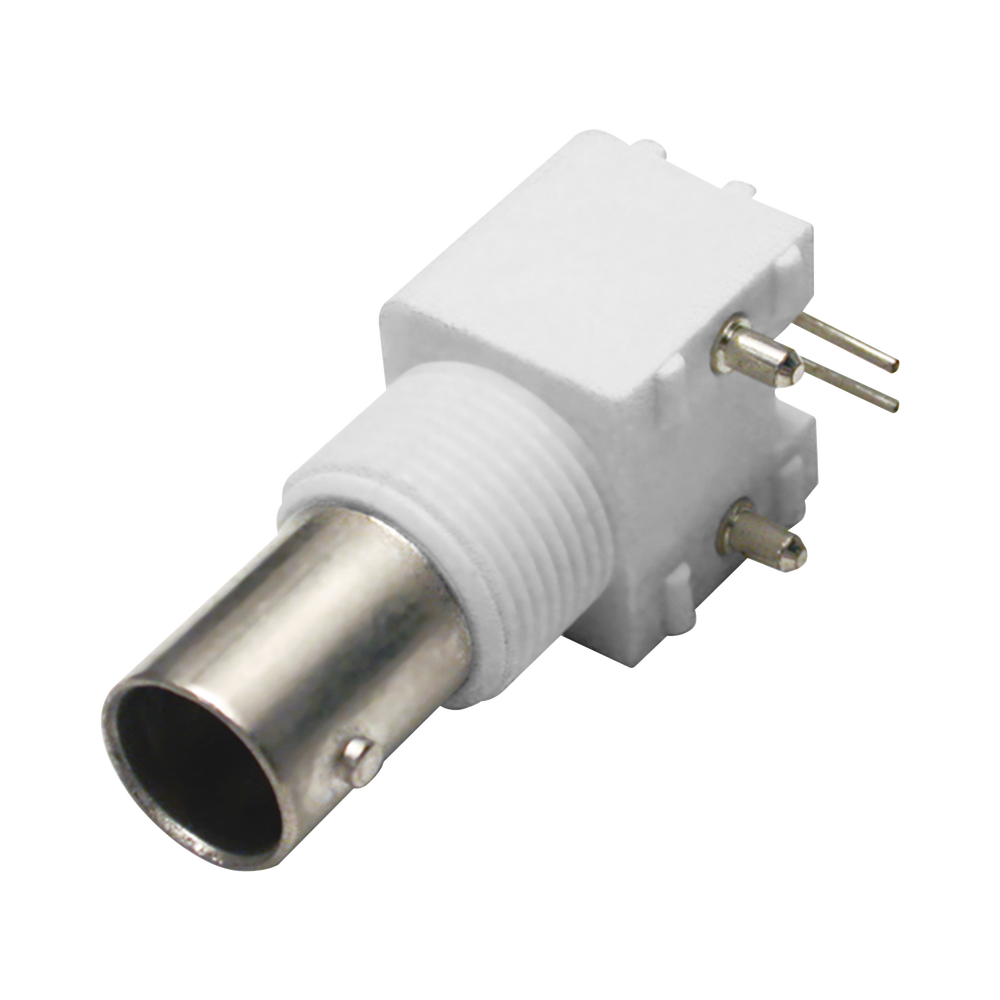  Conector BNC Hembra en Ángulo Recto para PCB, Postes y Patas, Cuerpo Termoplástico Blanco, Níquel/ Oro/ Polipropileno.