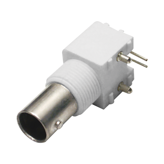  Conector BNC Hembra en Ángulo Recto para PCB, Postes y Patas, Cuerpo Termoplástico Blanco, Níquel/ Oro/ Polipropileno.