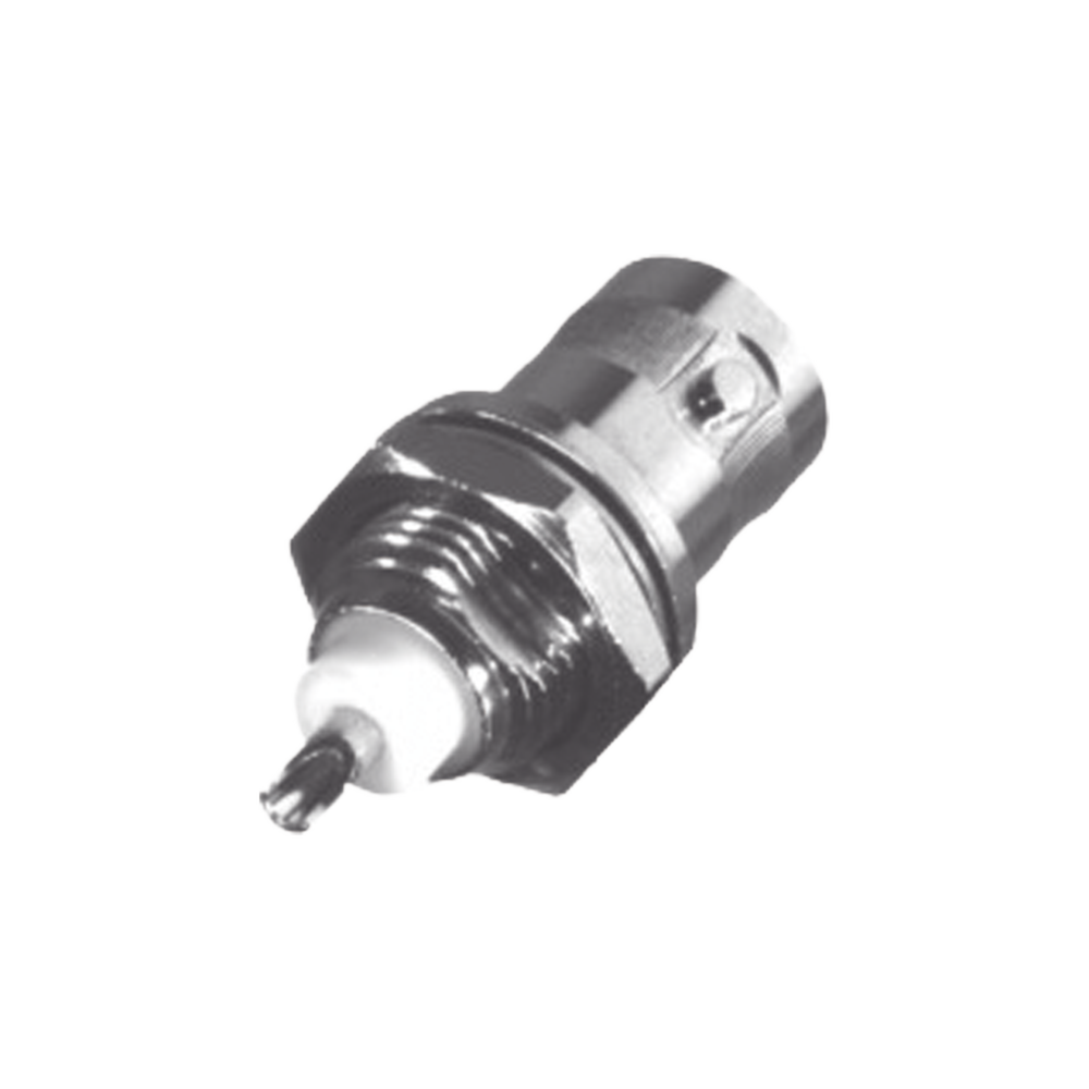   Conector BNC Hembra para Chasis, Montaje Frontal, Soldable, D-Plano, Troquelado, Niquel/ Oro/ Delrin.
