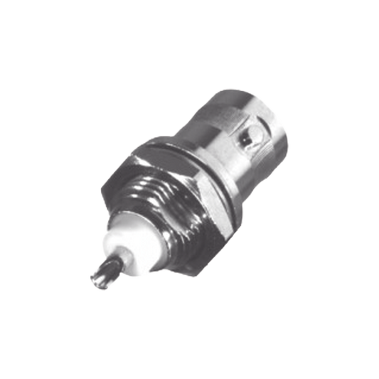   Conector BNC Hembra para Chasis, Montaje Frontal, Soldable, D-Plano, Troquelado, Niquel/ Oro/ Delrin.