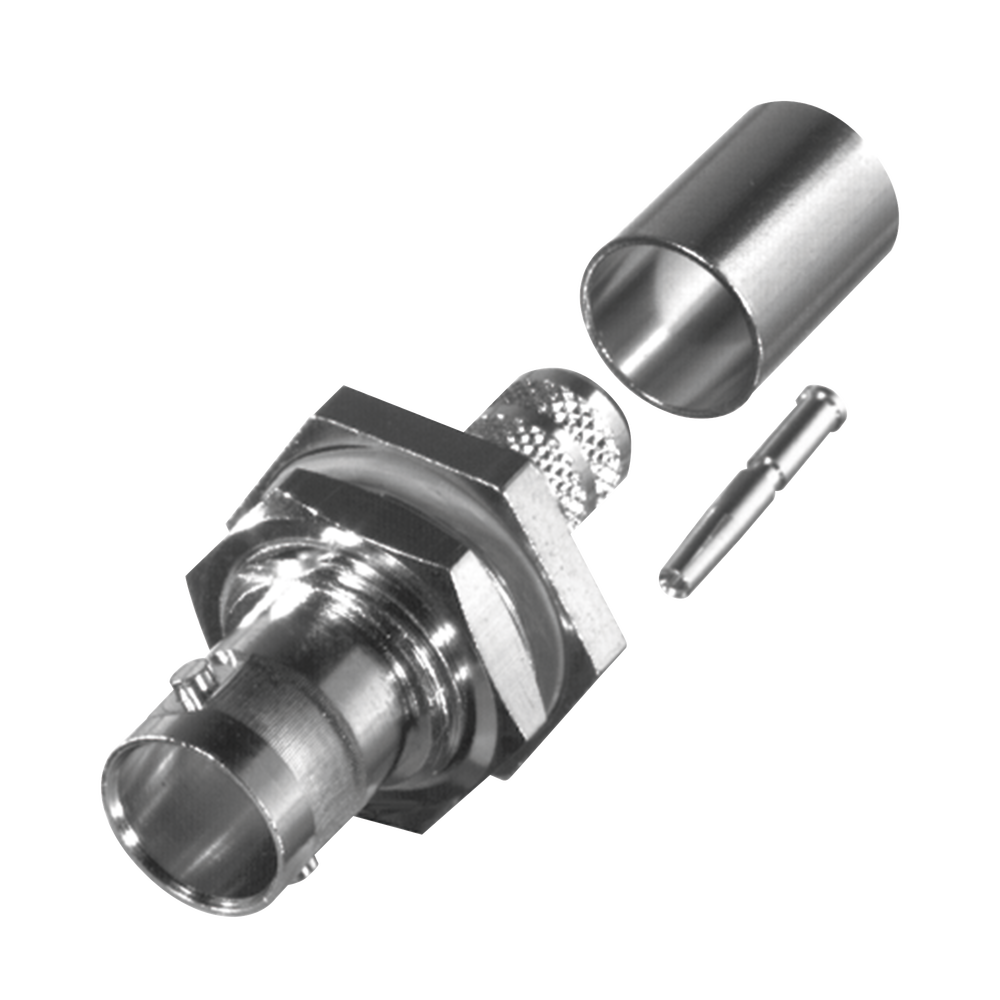 Conector BNC Hembra para Chasis en D-Plano con Aro de Goma, Anillo Plegable para RG-6/U y Grupo Q, 75 Ohm, Níquel/ Oro/ Teflón.
