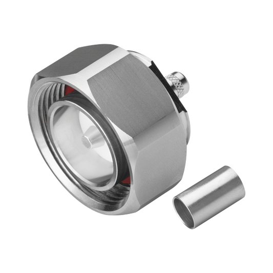 Conector DIN 7-16 Macho de Pin Cautivo, Anillo Plegable para Cable RG-8/X, LMR-240, Bronce Blanco/ Plata/ Teflón.â€‹