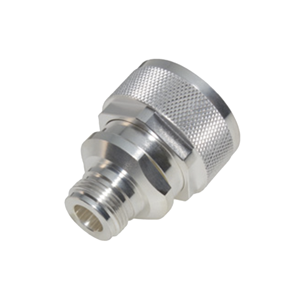 Adaptador en Línea de Conector DIN 7-16 Macho a N Hembra, Plata/ Plata/ Teflón.