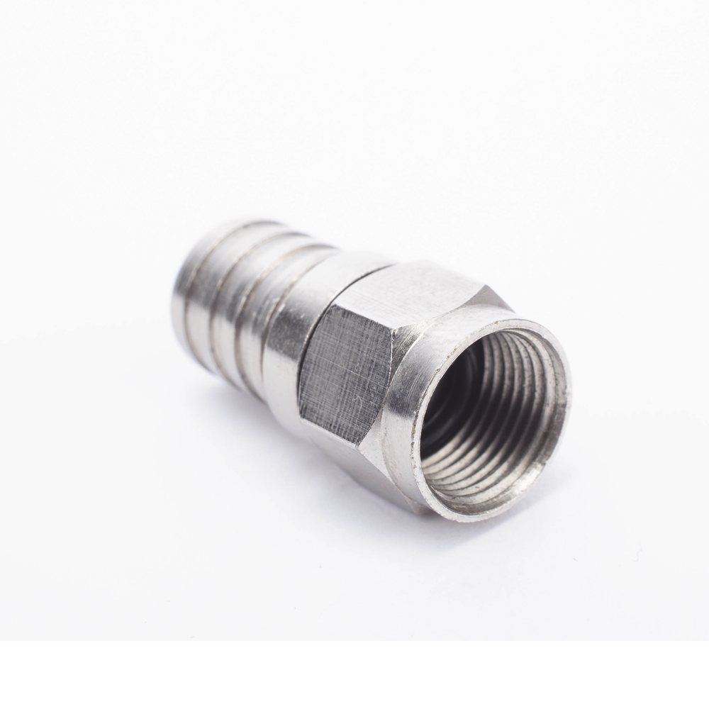 F Male Connector, 75 Ohm, Foldable for RG-6/U Cable without pin, Nickel/Polyethylene.