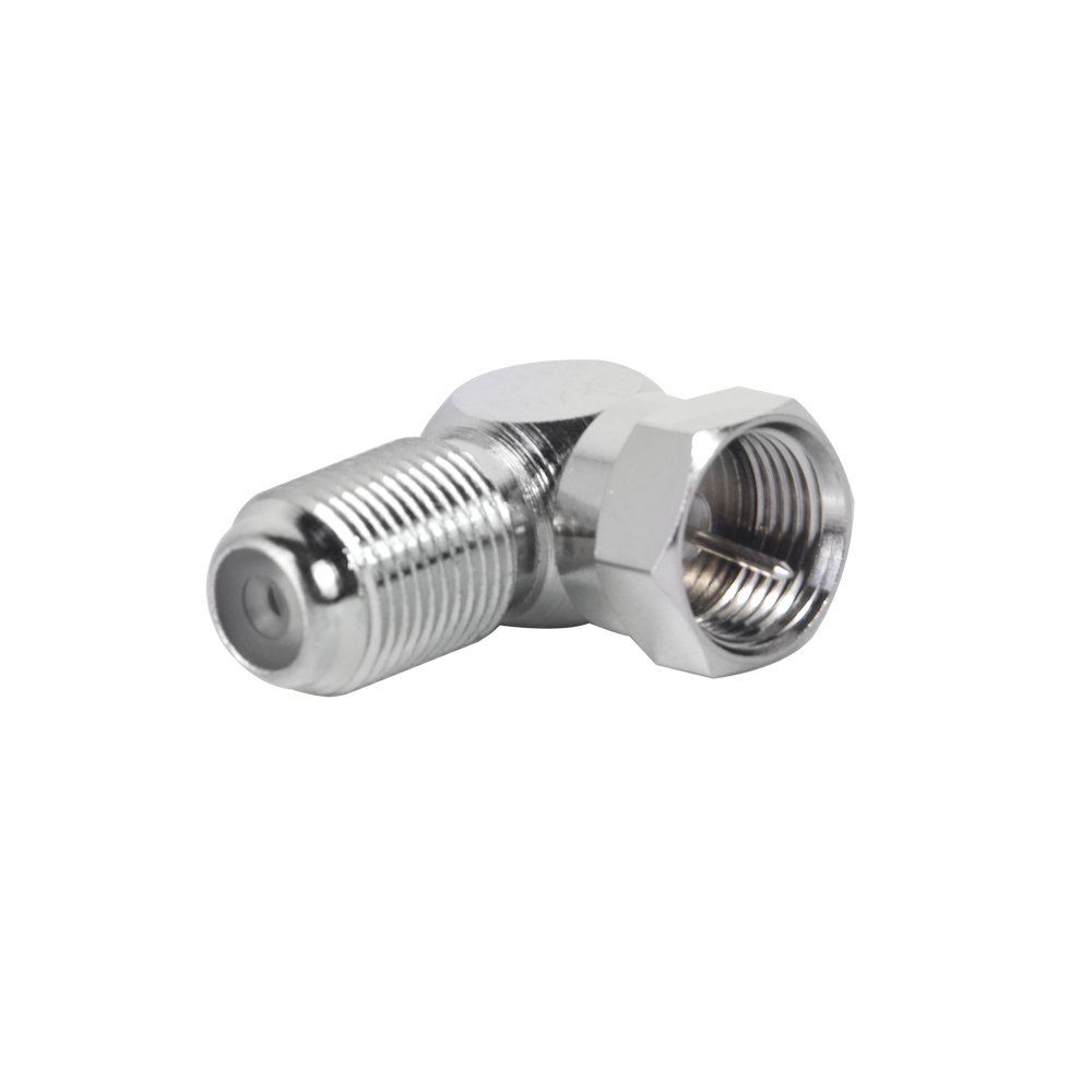 Adaptador en Angulo Recto para 75 Ohm, de F Macho a F Hembra, Niquel / Niquel / Polietileno.