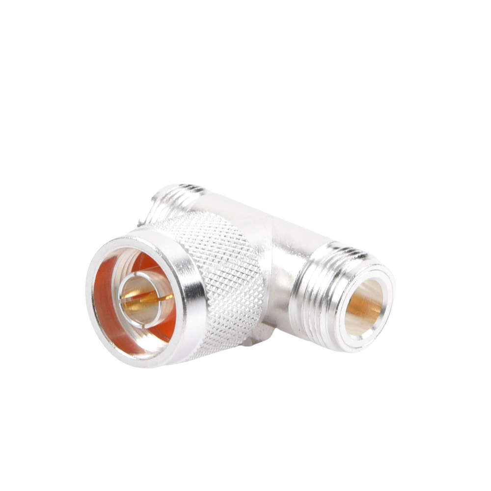 T-adapter, N Male to Double N Female Connector, Silver/Gold/Teflon.