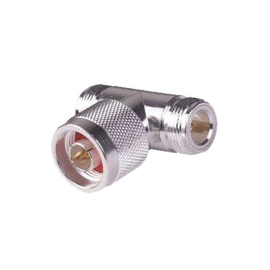 Adaptador en T, de Conector N Macho a Doble N Hembra, Plata/ Oro/ Teflón.