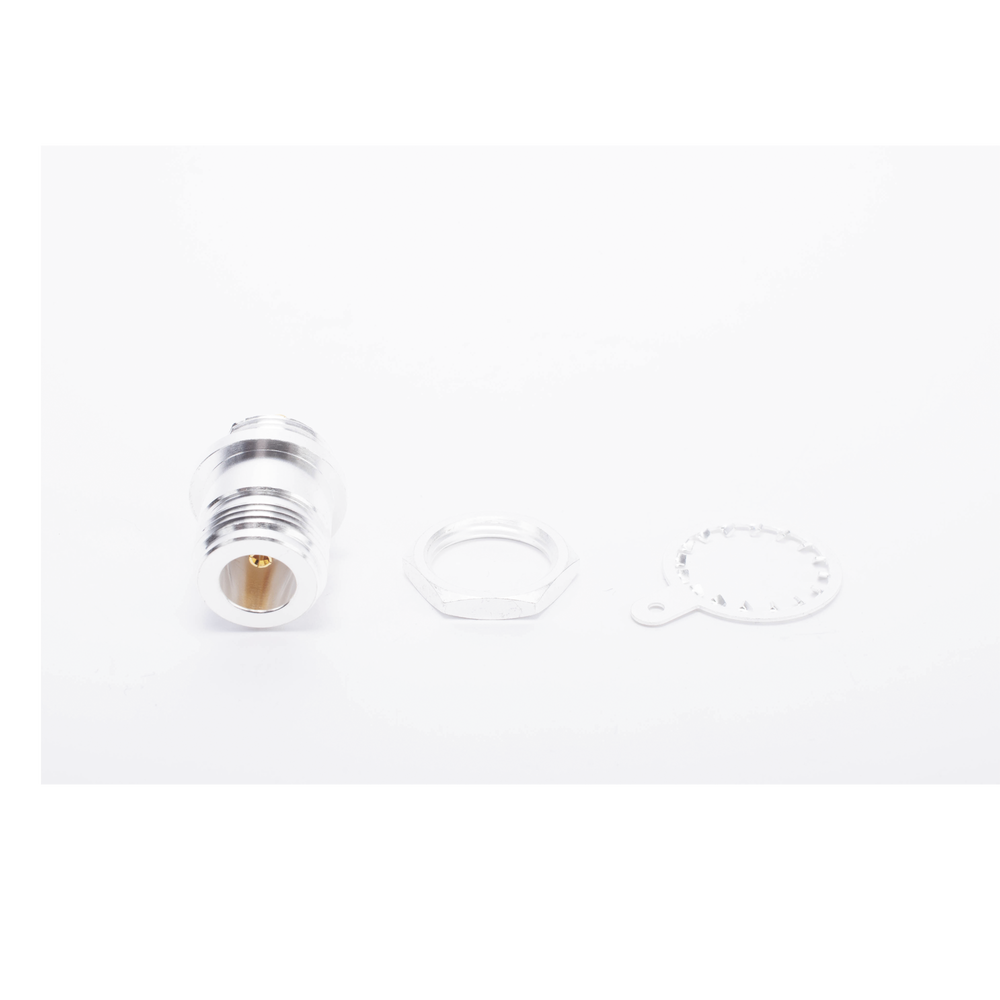 N Female Connector, Front Panel Mount, Double Flat D, Silver/Gold/Teflon.