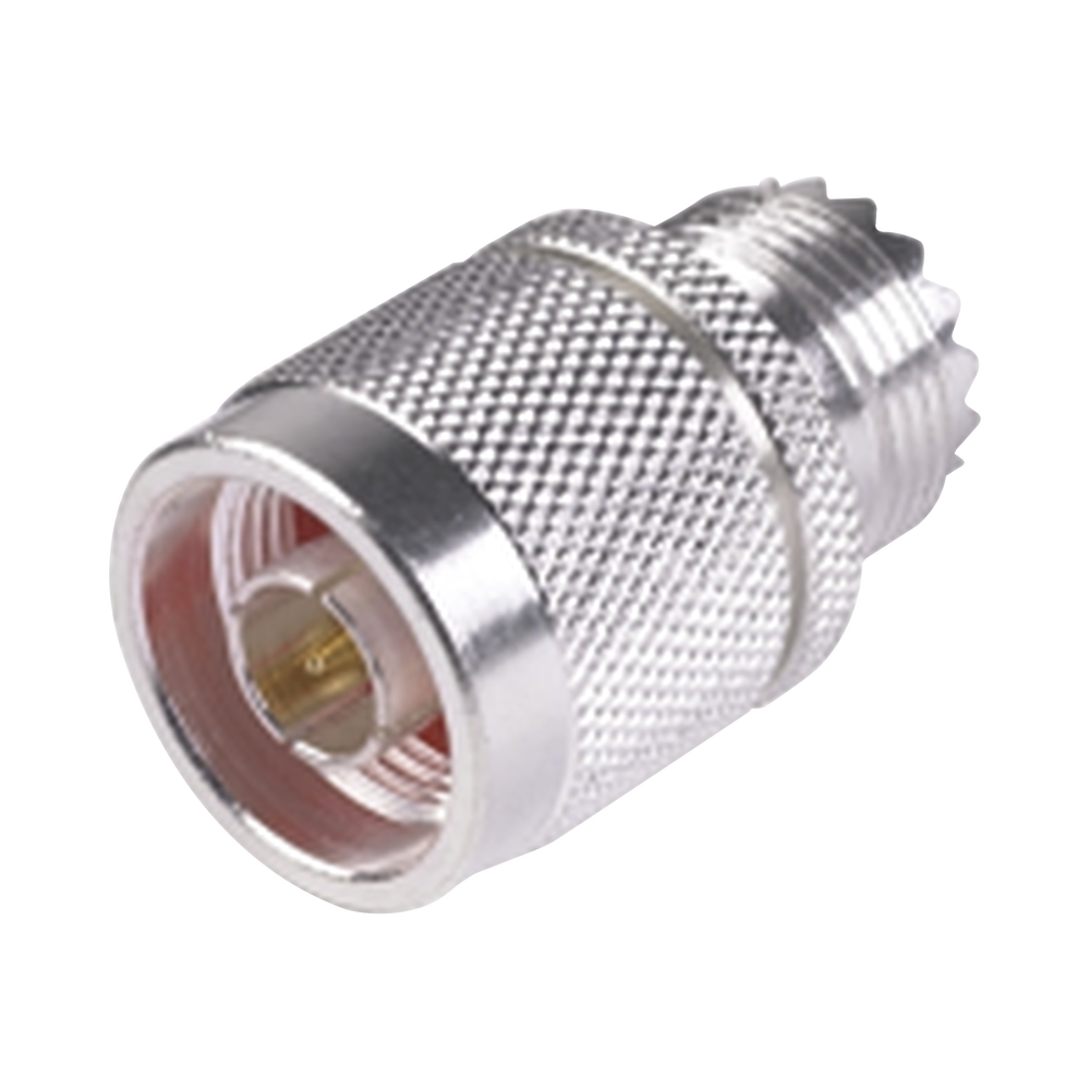 Adaptador en Línea, de Conector N Macho a UHF Hembra (SO-239), Plata/ Oro/ Teflón.