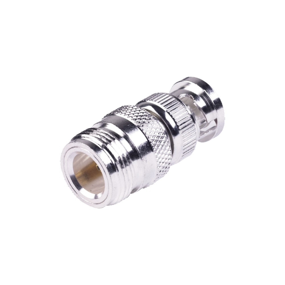 Adaptador en Linea para 50 Ohm, de Conector N Hembra a BNC Macho, Plata /Oro /Teflón.