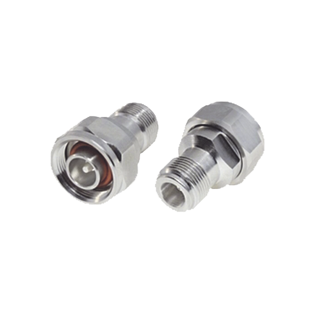 Adaptador en Línea, de N Hembra a (Mini) DIN 4.1-9.5 Macho, PIM -155 dBc, Bronce Blanco/ Plata/ Teflón.