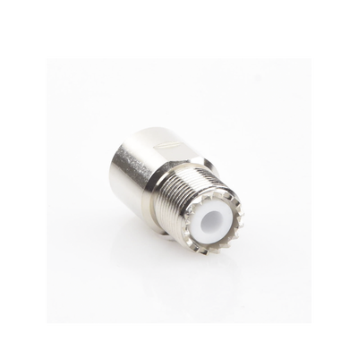 Conector UHF Hembra (SO-239) en Línea de Rosca para RG-8/U, 9913, LMR-400, Níquel/ Plata/ Teflón.