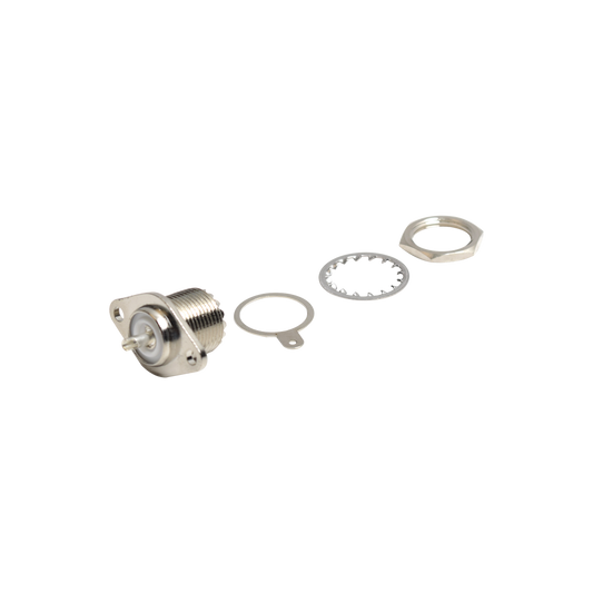 Conector UHF Hembra (SO-239-2H) para Chasis, Doble Perforación, Conductor Central Soldable, Níquel/ Plata/ PBT.