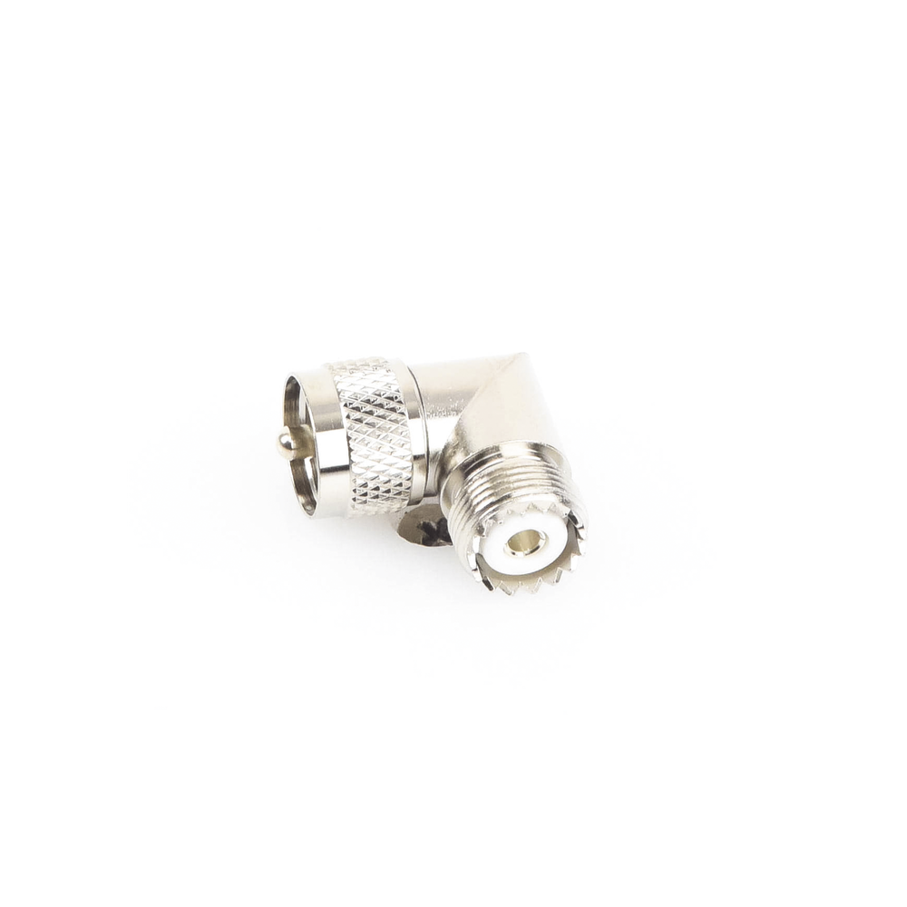 Right Angle Adapter, UHF Male (PL-259) to UHF Female (SO-239) Connector, Nickel/Gold/Delrin.