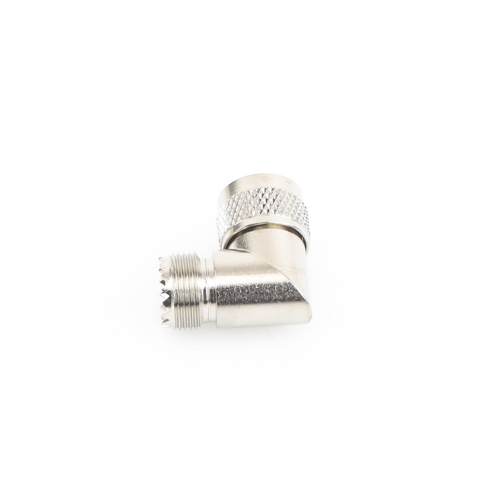 Right Angle Adapter, UHF Male (PL-259) to UHF Female (SO-239) Connector, Nickel/Gold/Delrin.