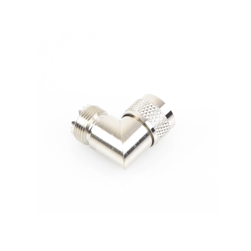 Adaptador en Ángulo Recto, de Conector UHF Macho (PL-259) a UHF Hembra (SO-239), Níquel/ Oro/ Delrin.