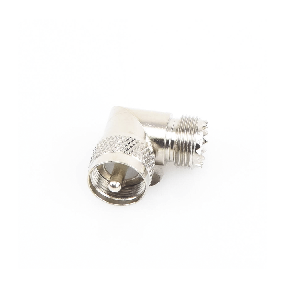 Right Angle Adapter, UHF Male (PL-259) to UHF Female (SO-239) Connector, Nickel/Gold/Delrin.