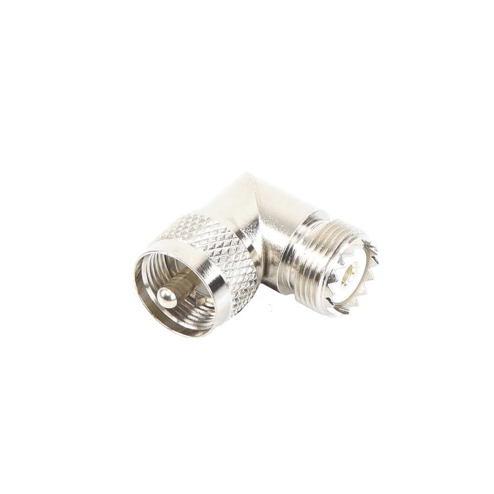 Adaptador en Ángulo Recto, de Conector UHF Macho (PL-259) a UHF Hembra (SO-239), Níquel/ Oro/ Delrin.