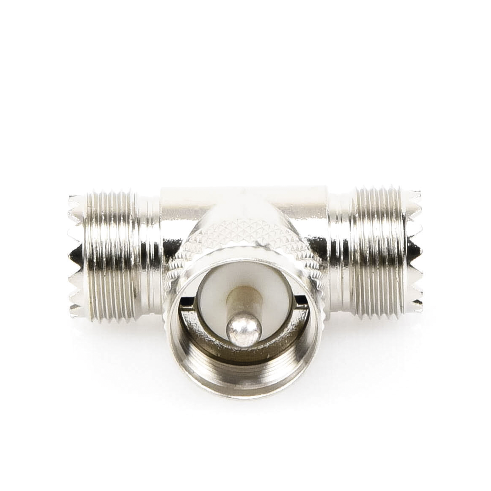 T-shaped adapter, from UHF Male Connector (PL-259) to Double UHF Female (SO-239), Nickel/Silver/Delrin.
