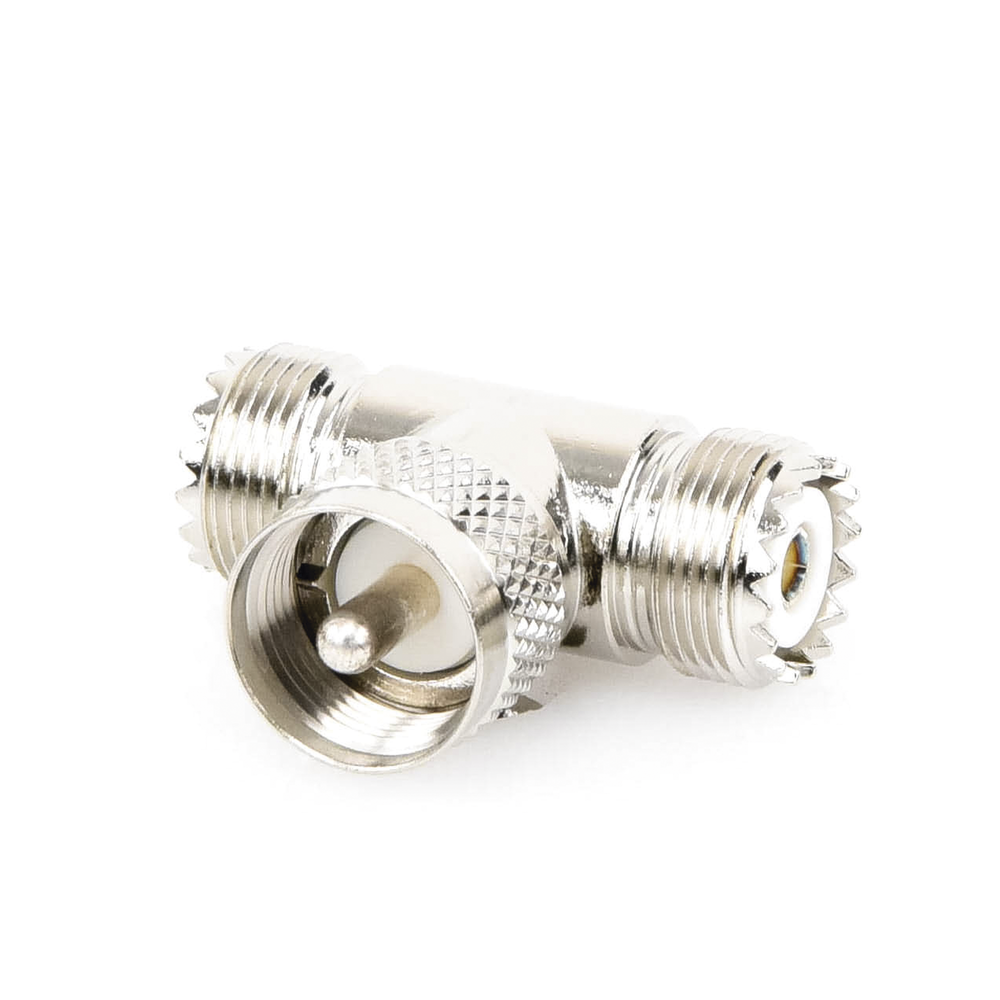 T-shaped adapter, from UHF Male Connector (PL-259) to Double UHF Female (SO-239), Nickel/Silver/Delrin.