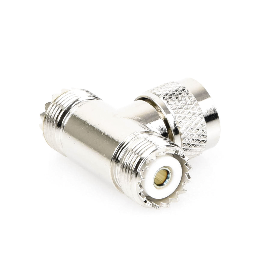 T-shaped adapter, from UHF Male Connector (PL-259) to Double UHF Female (SO-239), Nickel/Silver/Delrin.