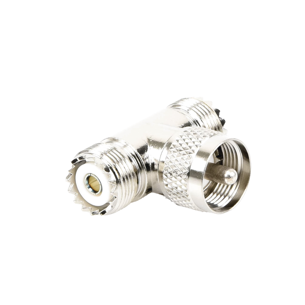 Adaptador en forma T, de Conector UHF Macho (PL-259) a Doble UHF Hembra (SO-239), Níquel/ Plata/ Delrin.