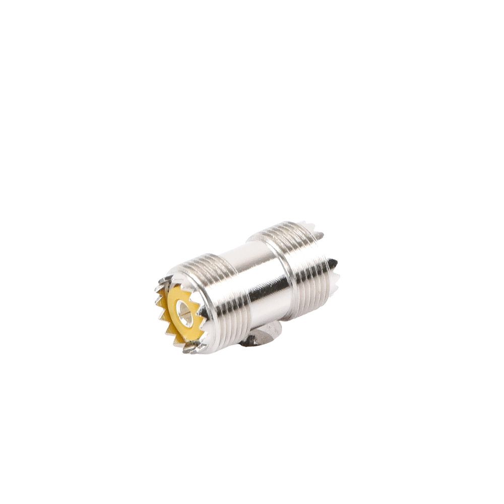 Adaptador Barril en Línea, de Conector UHF Hembra (SO-239) a UHF Hembra (SO-239), Niquel/ Plata/ Dap.