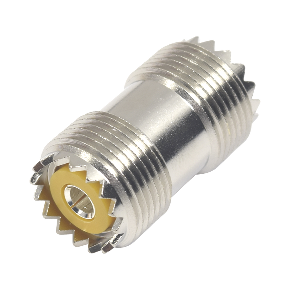 Adaptador Barril en Línea, de Conector UHF Hembra (SO-239) a UHF Hembra (SO-239), Niquel/ Plata/ Dap.