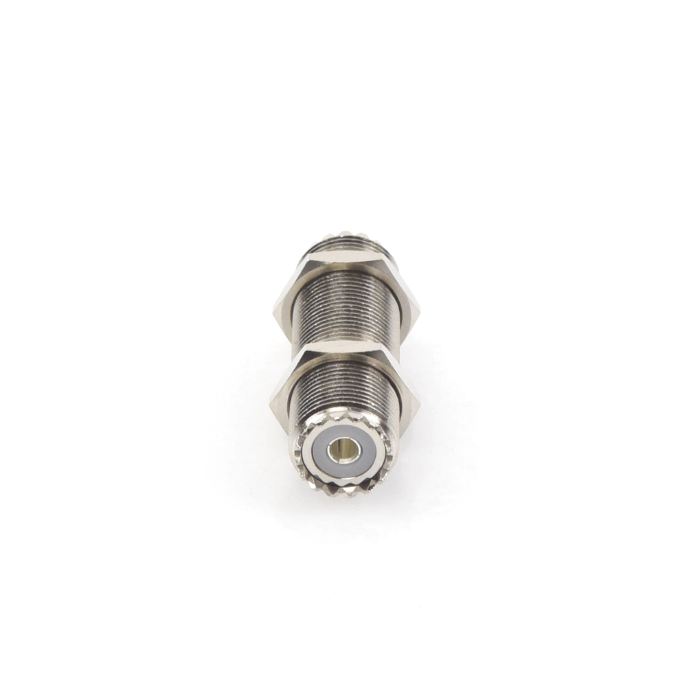 Double UHF Female (SO-239) Bulkhead Adapter, Panel Mount with Standard Thread.