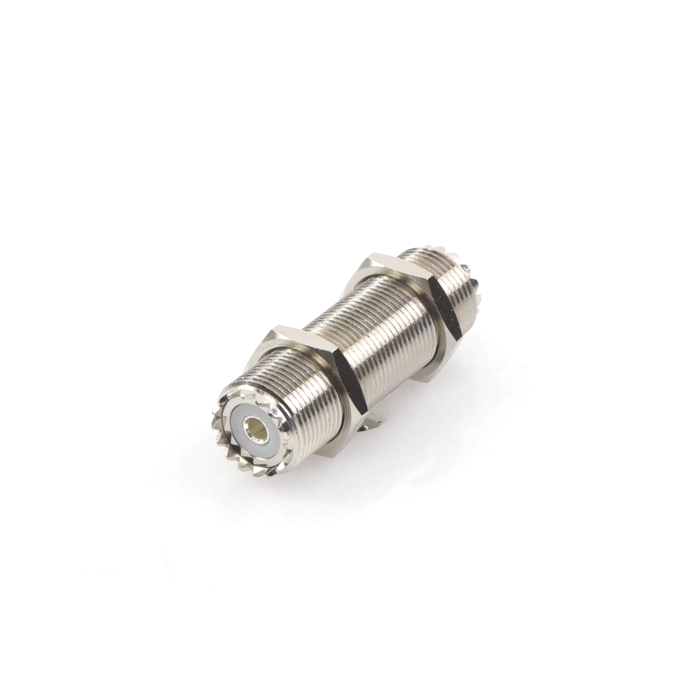 Double UHF Female (SO-239) Bulkhead Adapter, Panel Mount with Standard Thread.