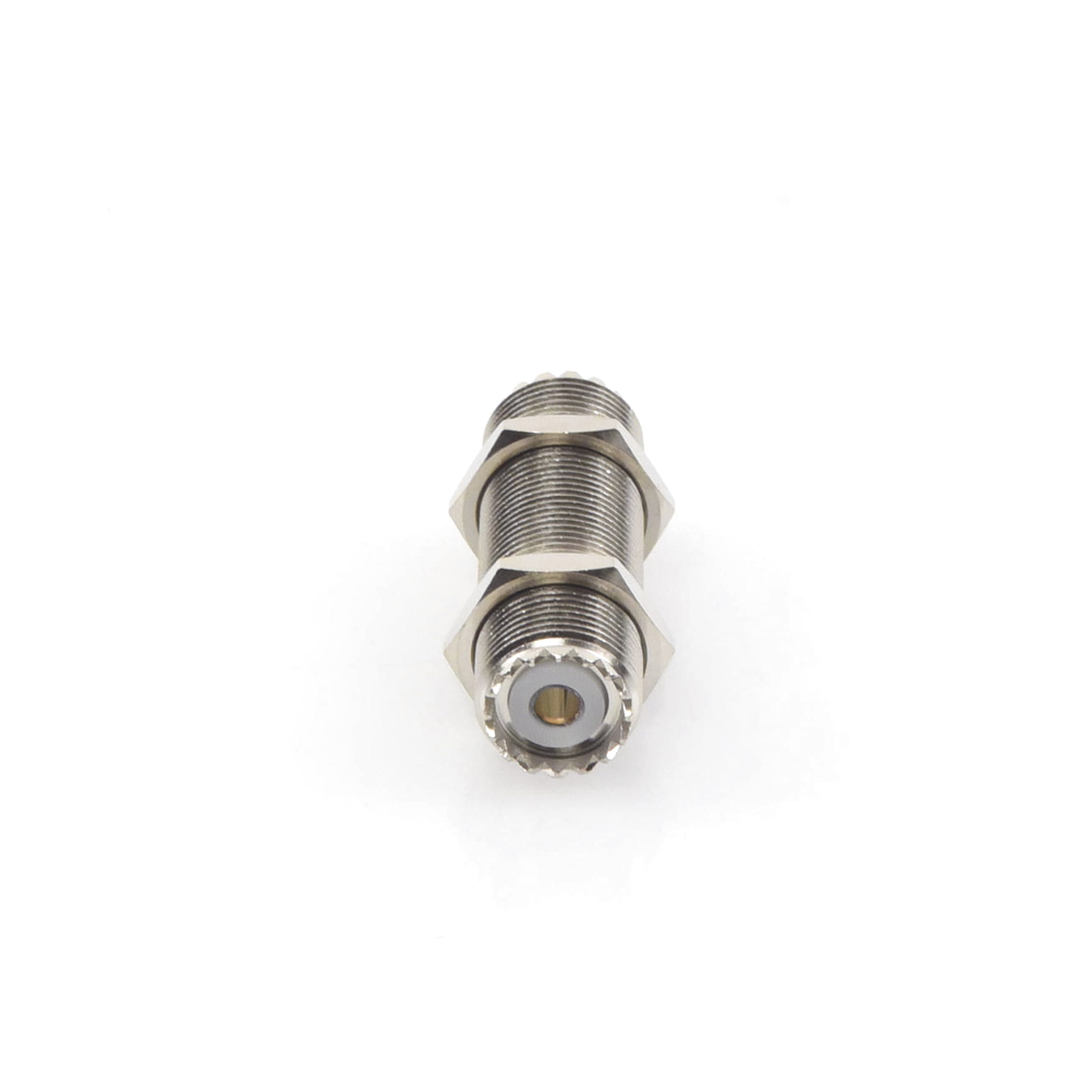 Double UHF Female (SO-239) Bulkhead Adapter, Panel Mount with Standard Thread.
