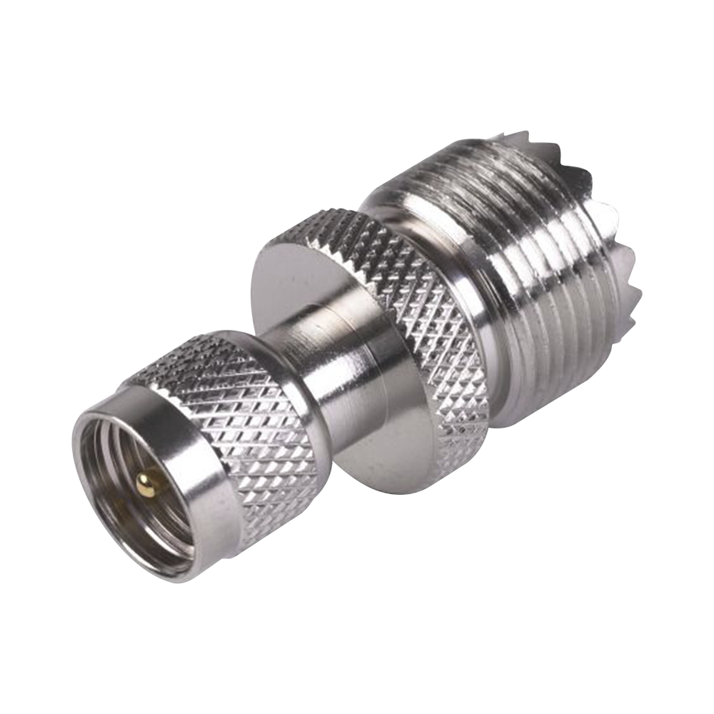 Adaptador en Línea de Conector Mini UHF Macho a UHF Hembra (SO-239), Níquel/ Oro/ Teflón.