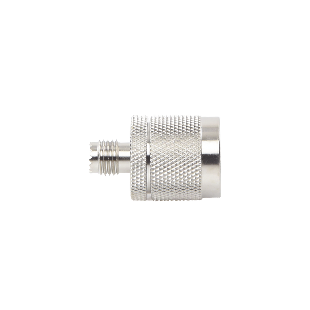Inline Adapter, Mini UHF Female to N Male Connector, Nickel/Gold/Teflon.