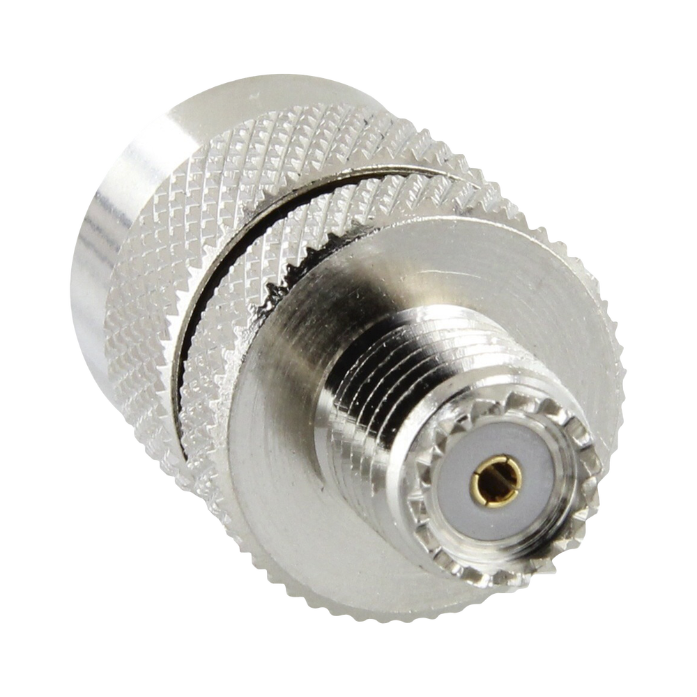 Adaptador en Línea de Conector Mini UHF Hembra a UHF Macho (PL-259), Níquel/ Oro/ Teflón.