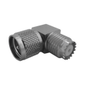 Adaptador en Ángulo Recto, de Conector Mini UHF Macho a Mini UHF Hembra, Cuerpo Cuadrado, Níquel/ Estaño/ Teflón.