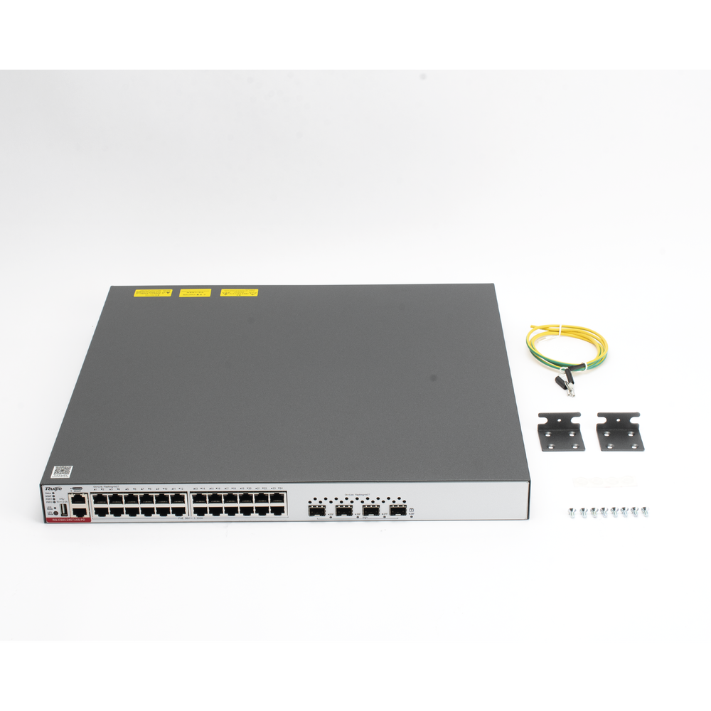 Switch Administrable Capa 3 de 24 puertos Gigabit 802.3af/at con 4 puertos SFP+ para Fibra Óptica de 10G, hasta 405 watts, gestión gratuita desde la nube.