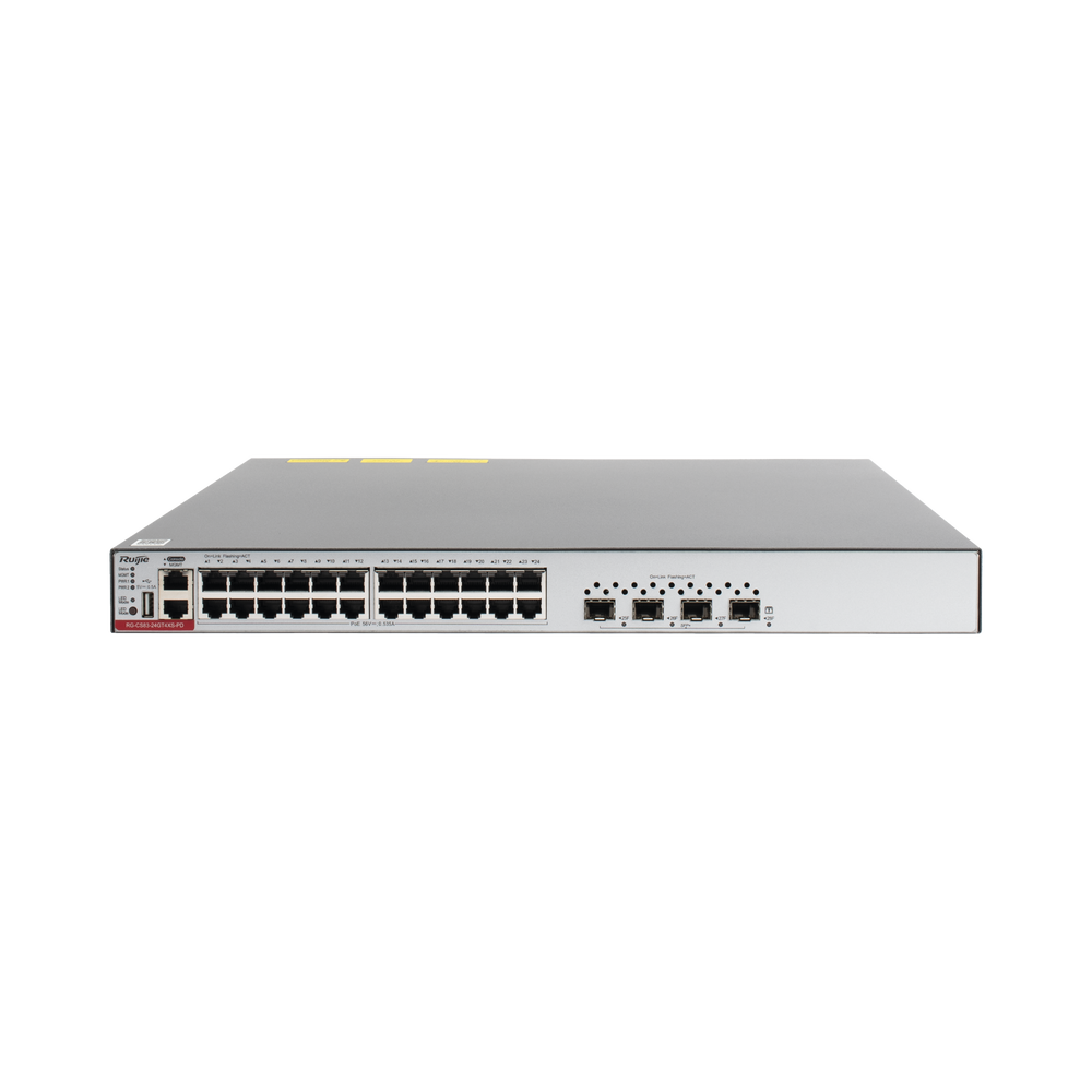 Switch Administrable Capa 3 de 24 puertos Gigabit 802.3af/at con 4 puertos SFP+ para Fibra Óptica de 10G, hasta 405 watts, gestión gratuita desde la nube.