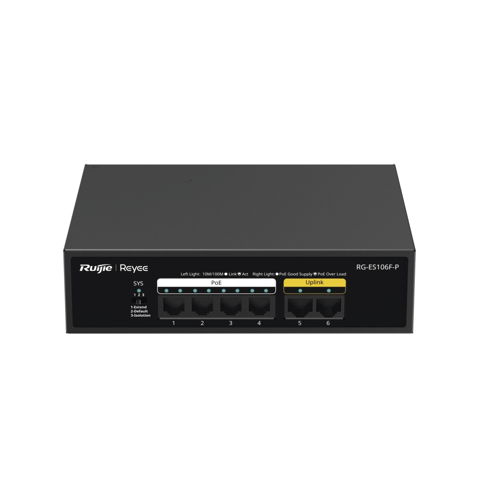 Switch PoE de 6 Puertos 10/100 Mbps, No Administrable, 54 W, Diseño de Alta Calidad, Visible en Ruijie Cloud