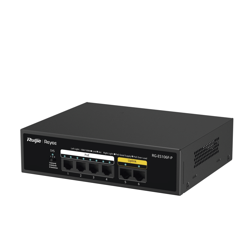 Switch PoE de 6 Puertos 10/100 Mbps, No Administrable, 54 W, Diseño de Alta Calidad, Visible en Ruijie Cloud