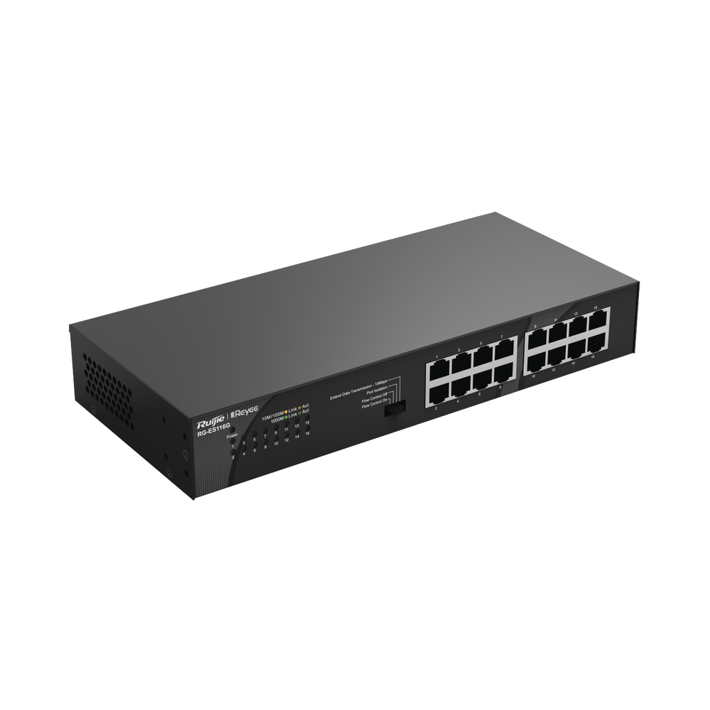 RG-ES116G, switch no administrable, no PoE de 16 puertos 10/100/1000Mbps.