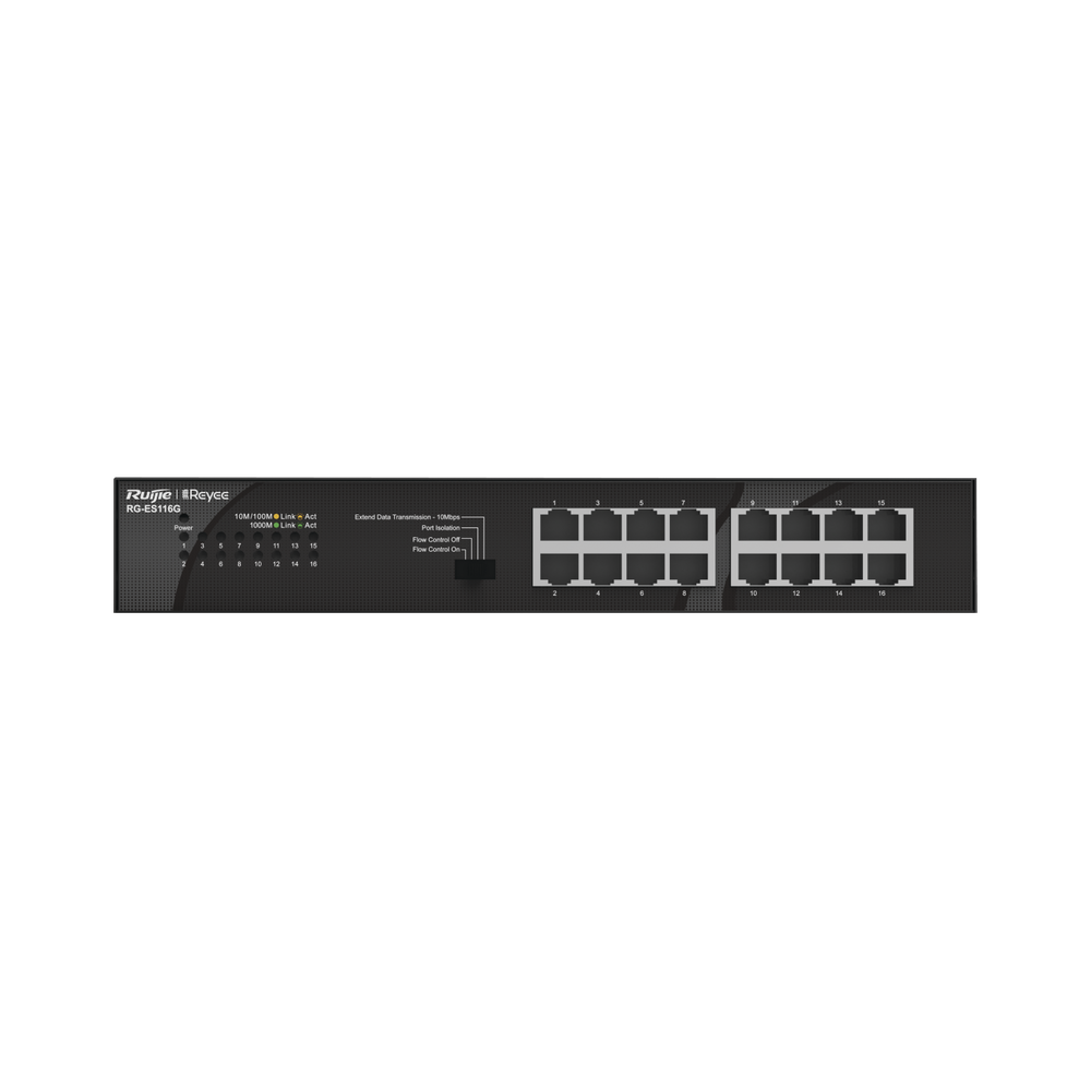 RG-ES116G, switch no administrable, no PoE de 16 puertos 10/100/1000Mbps.