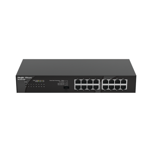 RG-ES116G, switch no administrable, no PoE de 16 puertos 10/100/1000Mbps.