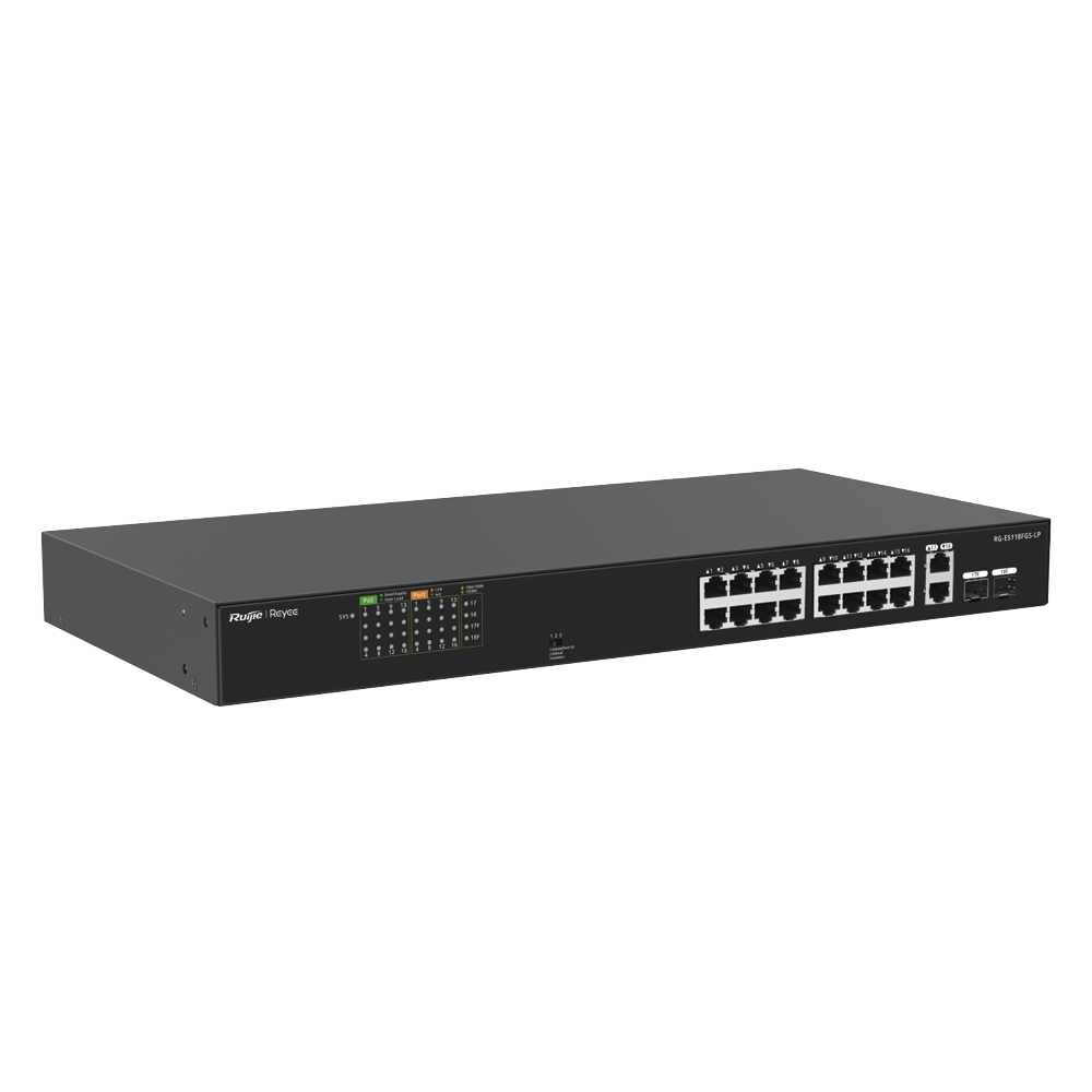 16-port 10/100Mbps unmanaged PoE switch with 2 Gigabit ports, visible on Ruijie Cloud, with a high-quality design and a 120W PoE budget
